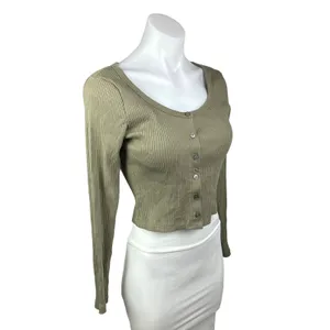 Uniqlo Women's Olive Green Ribbed Button Up Cropped Top Sweater Cardigan Size S thumbnail 2