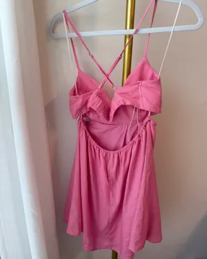 Hello Molly Draped Cowl Neck Strappy Pink Mini Dress | Textured Linen Look | Size M thumbnail 2