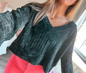 Entro Black Chenille V-Neck Off the Shoulder Oversized Sweater thumbnail 3