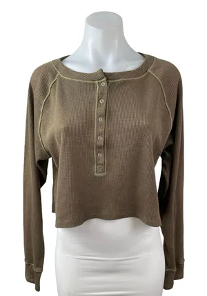 Free People Early Night Contrast Stitch Cropped Henley Waffle Knit Thermal Top L thumbnail 1