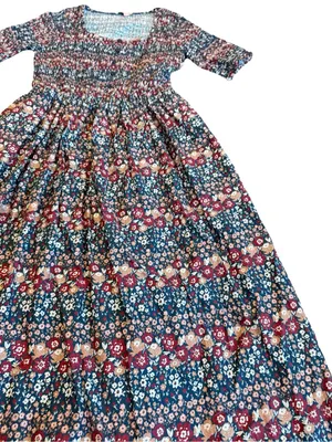 Ivy City Co Navy Burgundy Floral Smocked Midi Dress Boho Chic Day Medium Women's thumbnail 5