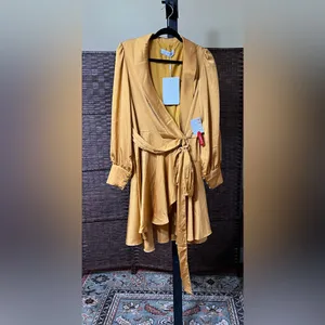 New Mac Duggal IEENA 70135 Bishop Sleeve Wrap Short Dress – Marigold - Size 8 thumbnail 3