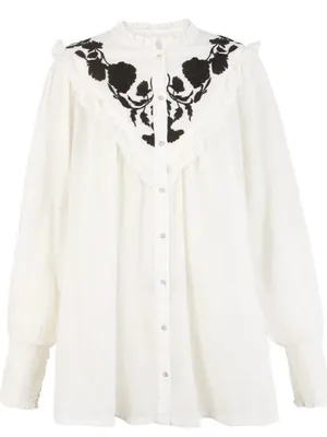 Free People White Button-Front Blouse with Black Floral Embroidery thumbnail 3