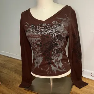 Y2K V-Neck Long Sleeve Top with Black‎ Floral Design size S thumbnail 5