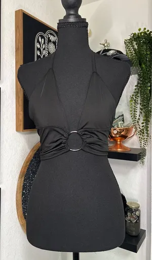 Black Ruched O-Ring Halter Neck Plunge Crop Top - Size Medium thumbnail 1