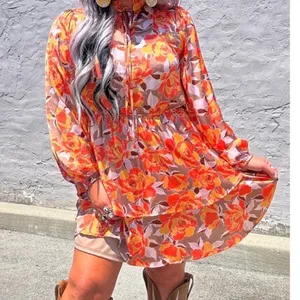 Emily Wonder Womens 1X Floral Mini Dress Orange Tan Tiered Boho 1X-18‎ thumbnail 3