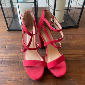 Top Moda Red Strappy Platform Block Heel Sandals with Double Buckle thumbnail 2