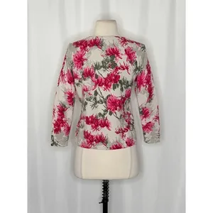 NEW!! GARNET HILL Merino Wool Cardigan‎ Sweater Floral Gray Pink Preppy Small thumbnail 7