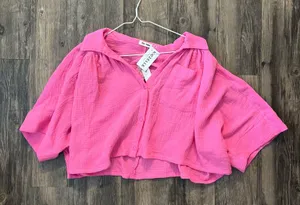 Boutique Cropped Short Sleeve Blouse Pink Size L thumbnail 1