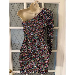Women’s Sequin One Shoulder Cocktail Party Mini Dress Size XS Stretchy thumbnail 4