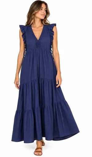 STARK X Navy Blue Cotton Ruffle Tiered Maxi Dress Size L Made in USA thumbnail 1