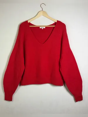 Madewell Women XL Wedged V Neck Sweater Red Merino Wool Blend Oversized Slouchy thumbnail 2