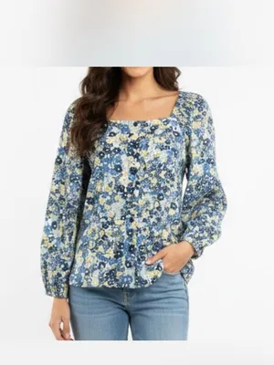 Ann Taylor Blue and Yellow Floral Square-Neck Button Front Top NWT 85$ XL thumbnail 2