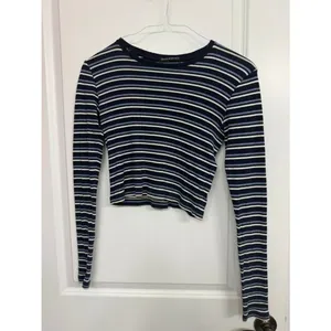 Brandy Melville Navy Striped Ribbed Crop Top Long Sleeve OS thumbnail 3