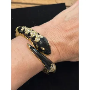 Gold & Black Snake-Inspired Hinged Bangle Bracelet With Rhinestone Embellishment thumbnail 5