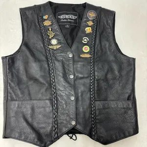 Unik Vintage Motorcycle Black Leather Vest with Unique Pins Size L‎ thumbnail 11