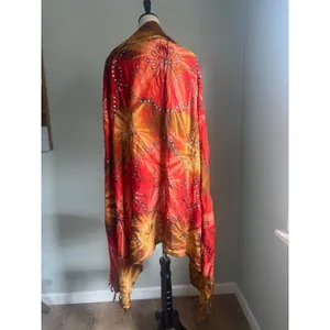 Boho Tie Dye Floral Embroidered Sequin Fringe Shawl Scarf brown red whimsigoth y thumbnail 2