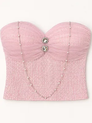 NWT Pink Tweed Bustier Tube Top Rhinestone Coquette Balletcore Corset Crop Top thumbnail 2