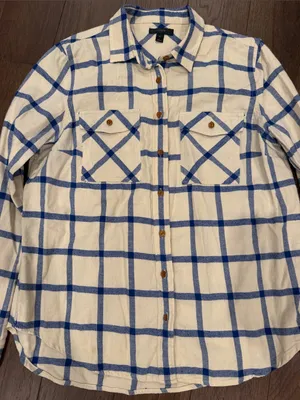 J. Crew Cream and Blue Large Windowpane Button-Down Shirt Size 10 - C1-612 thumbnail 2