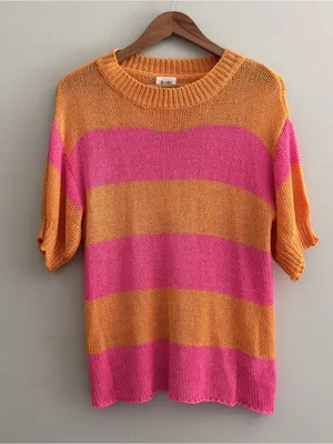 Bibi Orange & Pink Striped Knit Short Sleeve Sweater Medium thumbnail 2