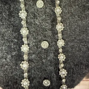 Maeve Dark Gray Crewneck Cardigan with Silver Sequin Trim thumbnail 5