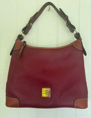 Dooney & Bourke Pebble Grain Leather Hobo Shoulder Bag Burgundy Wine Tan Trim thumbnail 1
