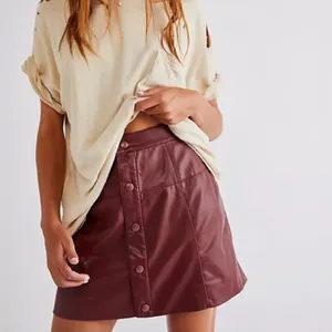 Free People Maisie Vegan Mini Skirt Brown Faux Leather Button Front Size 12 thumbnail 3