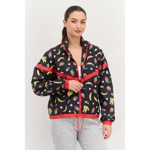 Nike Women Woven Jacket Mediun Black‎ Fruit Banana Strawberry Windbreaker thumbnail 3