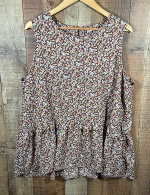 Cotton Bleu Womens 1X Rust Ditsy Floral Sleeveless Peplum Blouse Top Prairie thumbnail 1