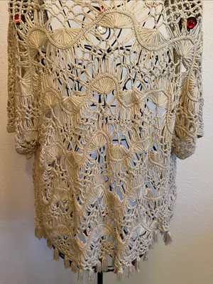 🎪🎪🎪BOGOHO🎪🎪🎪Cato Cream Crochet Open-Front Cardigan with Fringe-Large thumbnail 6