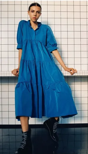 Zara Dress Womens Medium Blue Tiered Puff Sleeve Henley Midi Swing Casual thumbnail 1