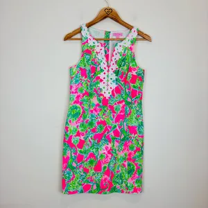 Lilly Pulitzer pink & green “Hanging Around” print shift mini dress lace trim 4 thumbnail 2