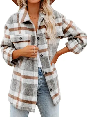 Plaid flannel shacket button down Tan thumbnail 1