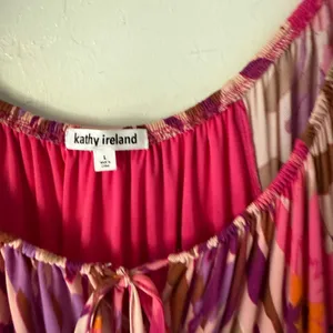 Kathy Ireland Floral Boho Midi Dress Pink Purple Tassel‎ Tie Waist Size L Resort thumbnail 5