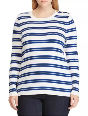 Lauren Ralph Lauren White Blue Yellow Striped‎ Cotton Sweater XL Gold Buttons thumbnail 1