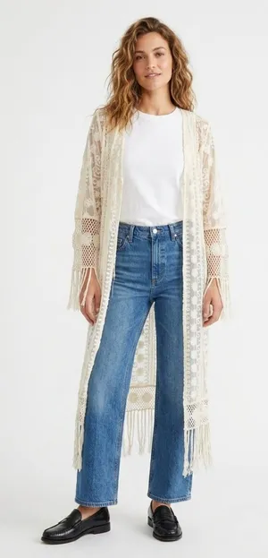 Band of Gypsies Cream Ivory Sheer Crochet Fringe Open Front Boho Duster M thumbnail 1