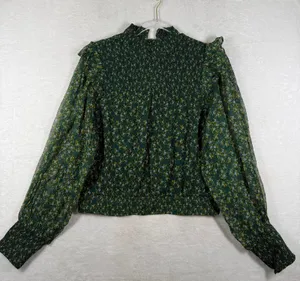 Free People Dark Green Floral Smocked Mock Neck Blouse OB1069086 M thumbnail 1