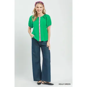 Umgee Contrast Trim Button Front Puff Sleeve Blouse - Kelly Green - Large thumbnail 5