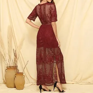 Maroon Dark Red Romper Boho V Neck Lace Maxi Dress Medium thumbnail 11