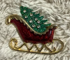 Vintage‎ Metallic Gold & Red Sleigh Tone Shape Brooch Pin Jewelry Christmas Tree thumbnail 1