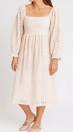Storia Floral Lace Midi Dress Cream Long Sleeve Square Neck Fit Flare Medium thumbnail 1