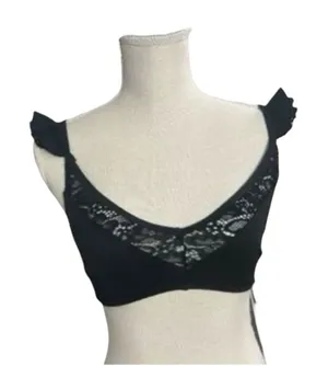 ASOS Black Floral Lace Bikini Top Size 4 Ruffle Strap Vneck Beach Swimwear thumbnail 1