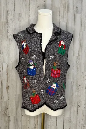 Erika Vintage Christmas Sweater Vest Women's Large Gray Snowman‎ & Santa Design thumbnail 1