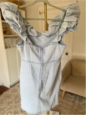 ASOS Design Lightwash Denim Mini Dress Ruffle Strap Coquette Cowgirl Y2K NWT 90s thumbnail 3