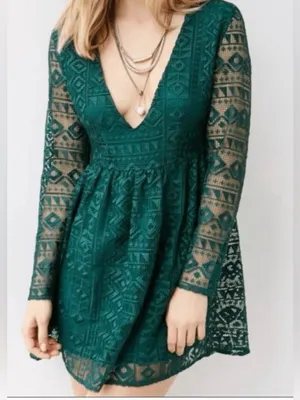NWT Urban Outfitters Little White Lies Green Lace V-Neck Babydoll Mini Dress thumbnail 7