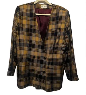 Vintage Navy‎ and tan plaid women’s blazer size 14 double breasted thumbnail 1