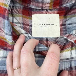 Lucky Brand Plaid Western Pearl Snap Peplum Shirt Red Blue Yellow Rodeo Festival thumbnail 7