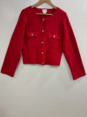 H&M Red Knit Cardigan Sweater Gold Button Front Women’s Size S Classic thumbnail 6
