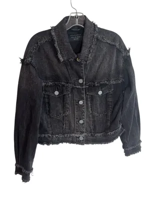Allsaints Claude Relaxed Fit Frayed Denim Jacket in blackish grey 4 thumbnail 3