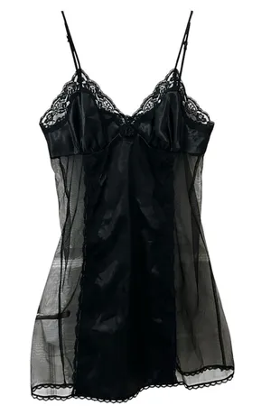 Vintage Fredericks of Hollywood black satin sheer mesh chemise slip dress size M thumbnail 1